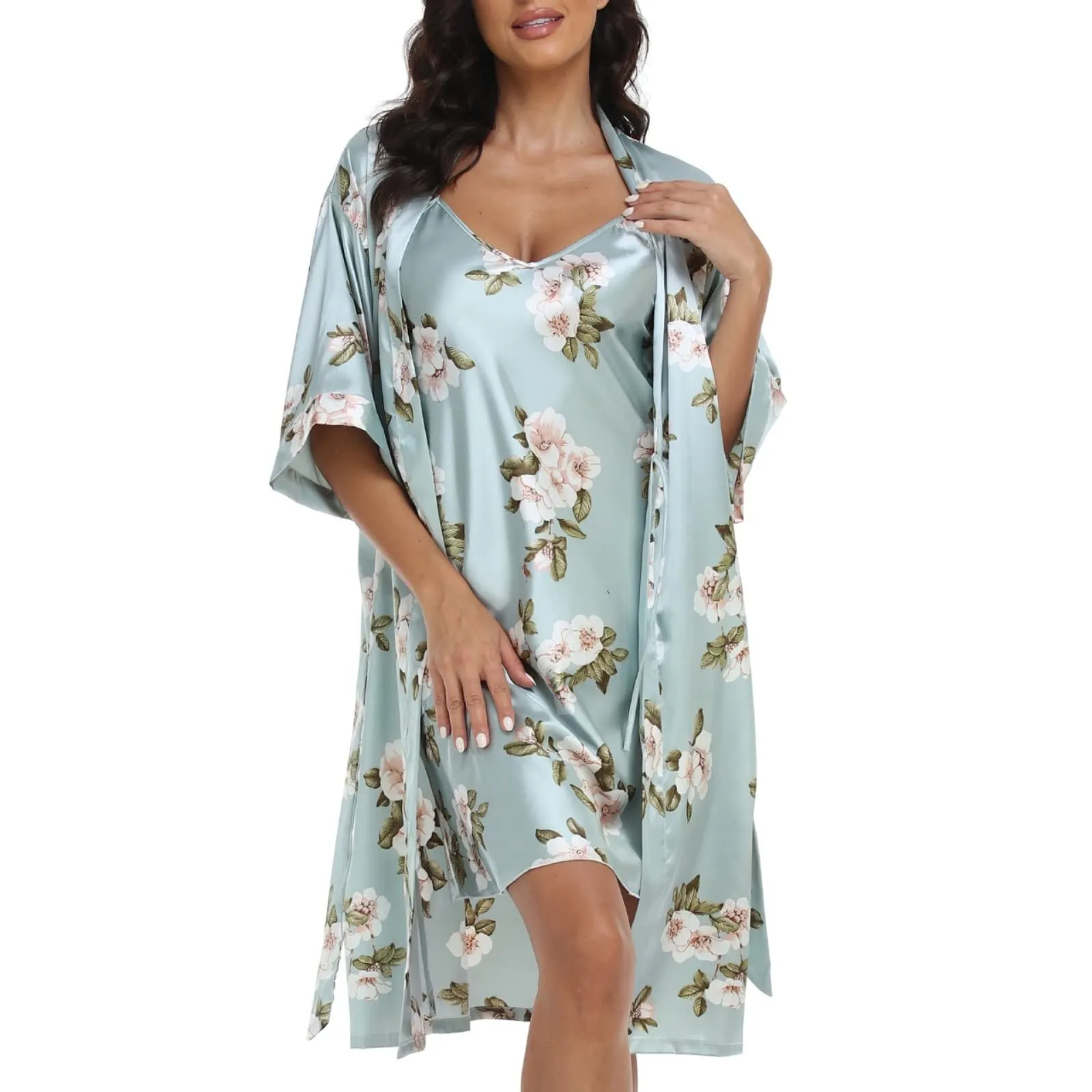 1stmall Women's Satin Robe Sets 2 Piece Nightgown Silk Pajama Sexy Floral Lingerie Lace Cami Sleepwear Night Robes