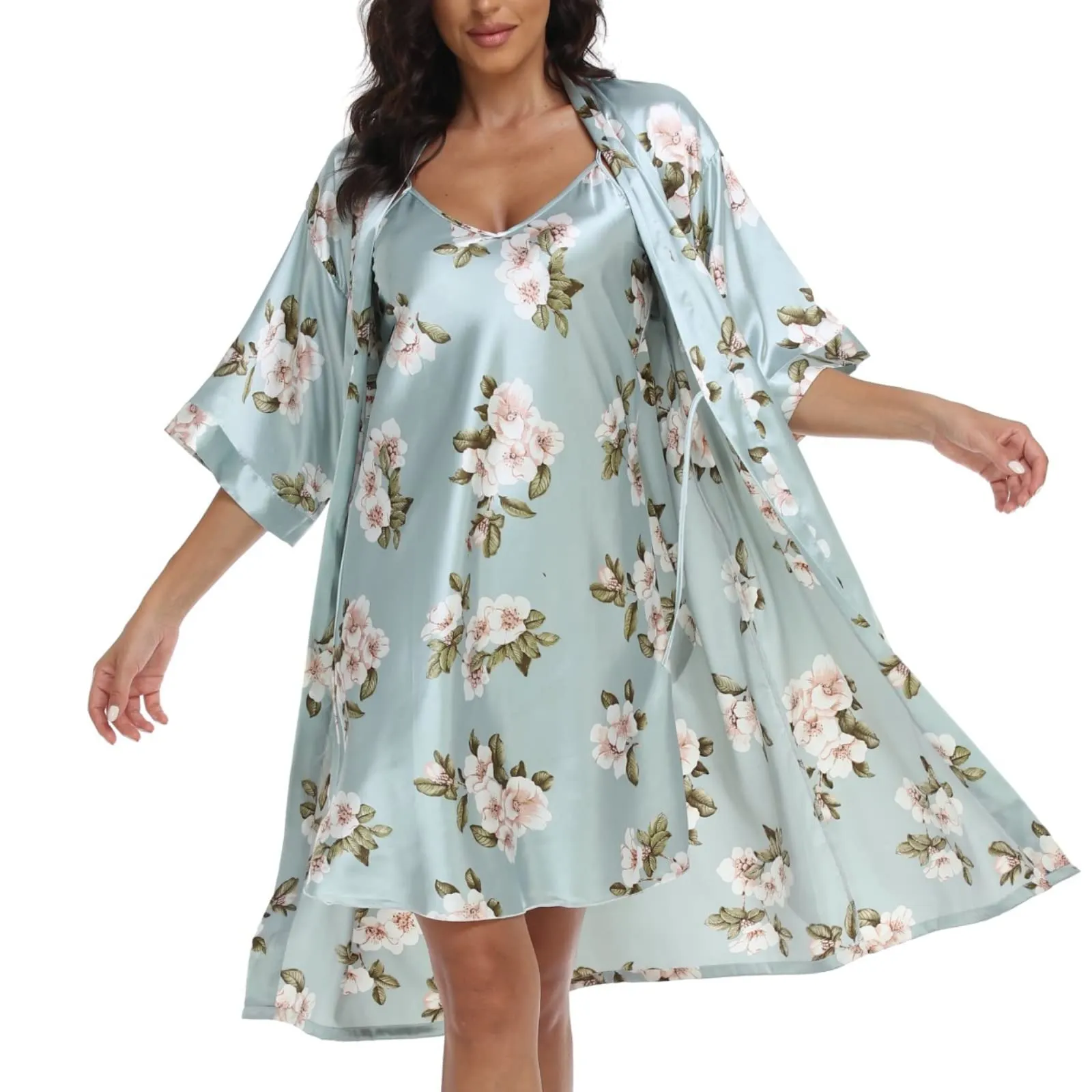 1stmall Women's Satin Robe Sets 2 Piece Nightgown Silk Pajama Sexy Floral Lingerie Lace Cami Sleepwear Night Robes