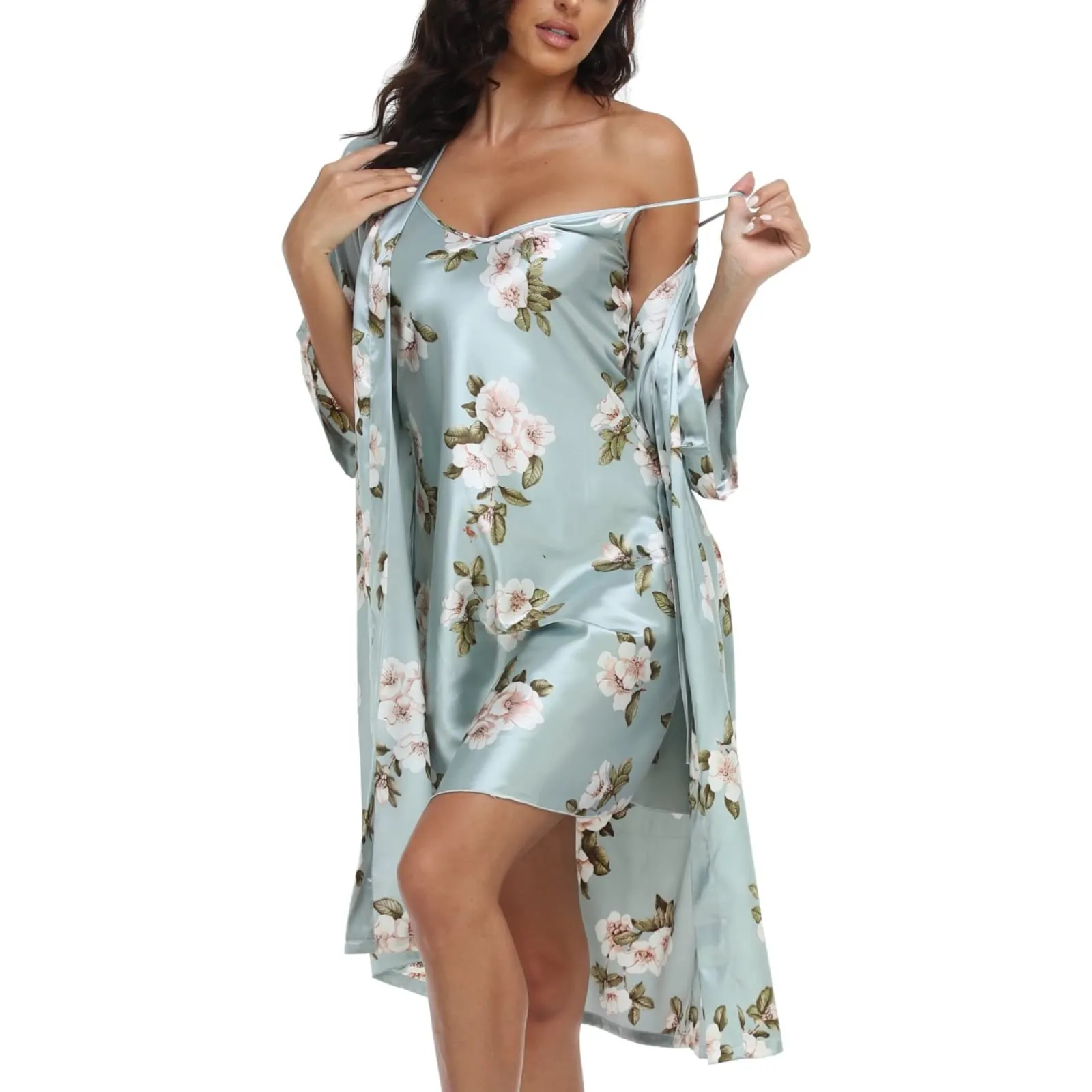 1stmall Women's Satin Robe Sets 2 Piece Nightgown Silk Pajama Sexy Floral Lingerie Lace Cami Sleepwear Night Robes
