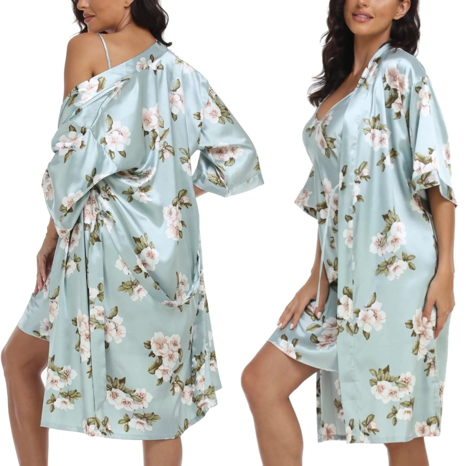 1stmall Women's Satin Robe Sets 2 Piece Nightgown Silk Pajama Sexy Floral Lingerie Lace Cami Sleepwear Night Robes