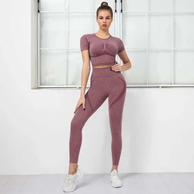 2PCS Seamless Yoga Set for Women - High Waist Running Leggings   Sports Bra