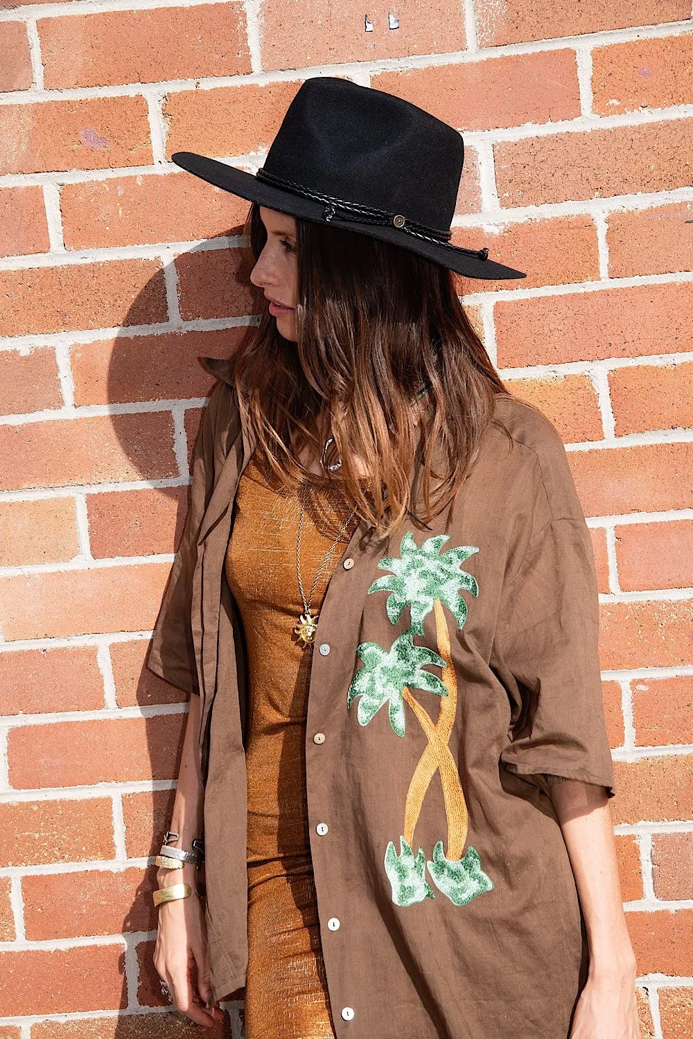 Above The Clouds Cotton Palm Embroidered Shirt
