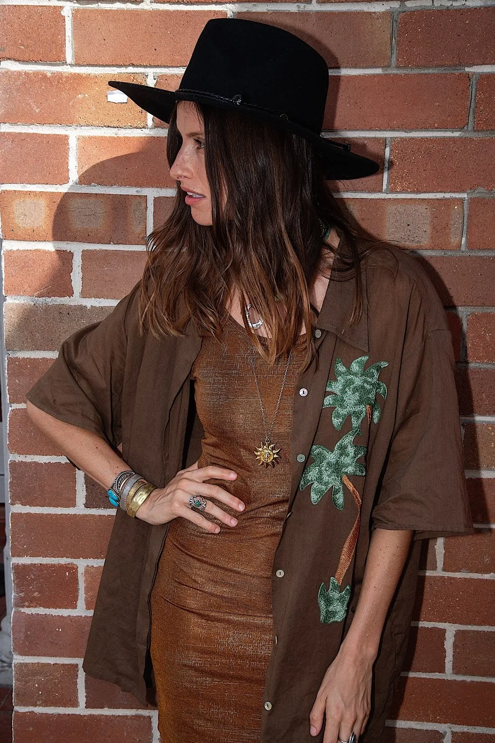 Above The Clouds Cotton Palm Embroidered Shirt