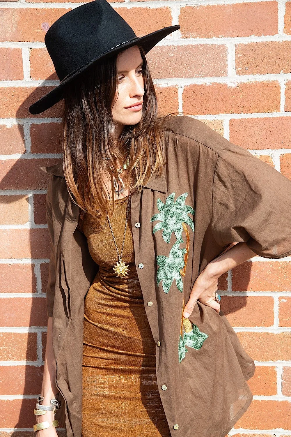Above The Clouds Cotton Palm Embroidered Shirt