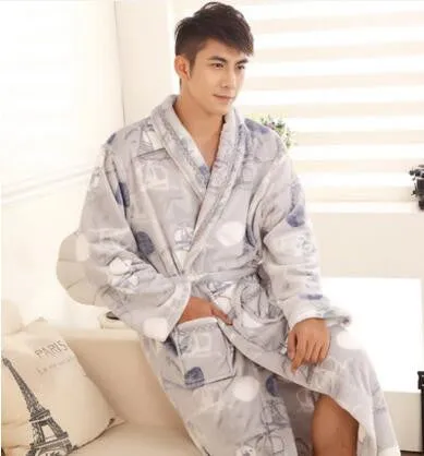 Autumn winter thick long flannel robe male coral fleece bathrobe lengthen men plus size brand long-sleeve sleepwear