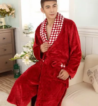 Autumn winter thick long flannel robe male coral fleece bathrobe lengthen men plus size brand long-sleeve sleepwear