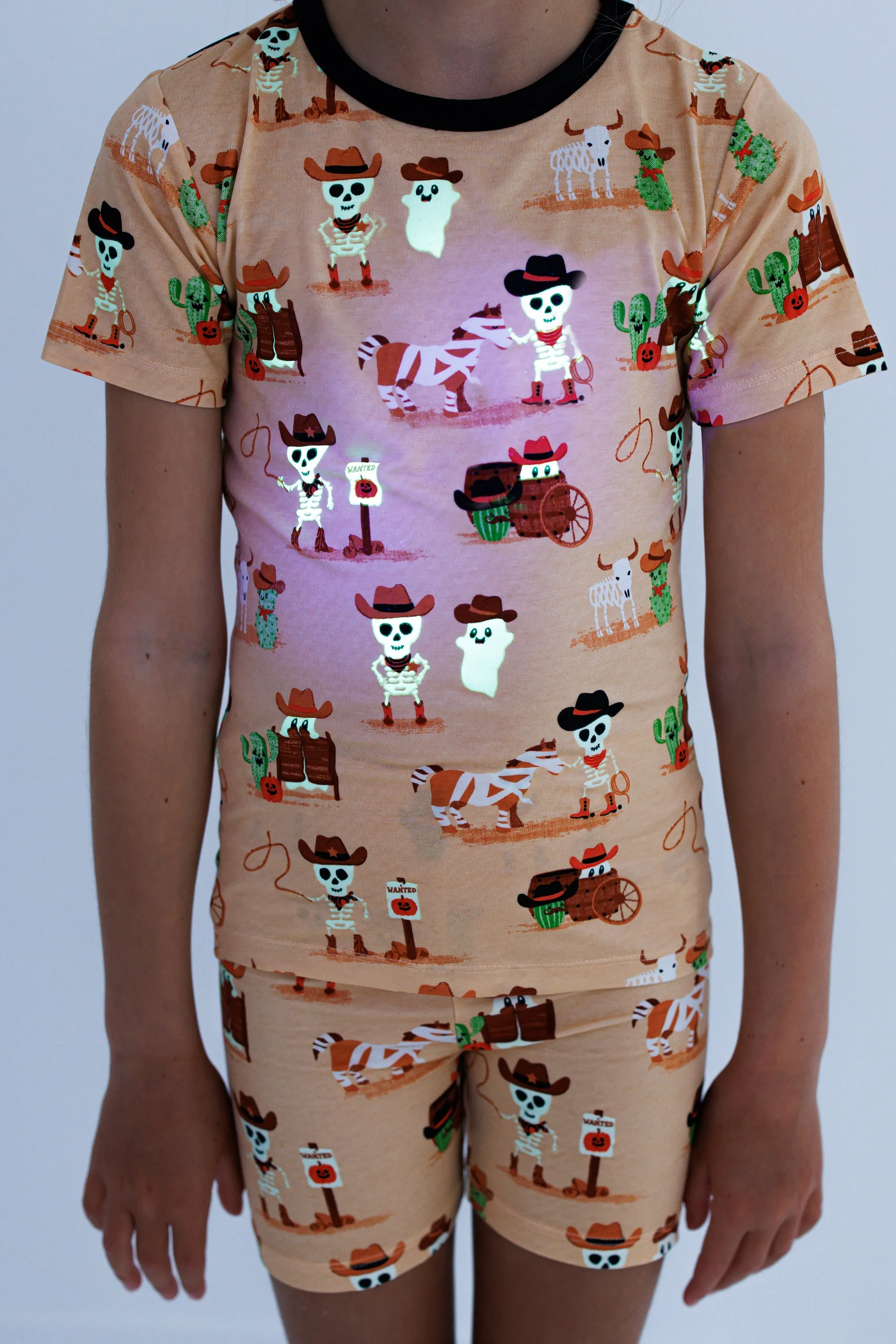 Birdie Bean Willie Glow in the Dark Western Skeleton 2-piece Short Sleeve Pajamas with Shorts