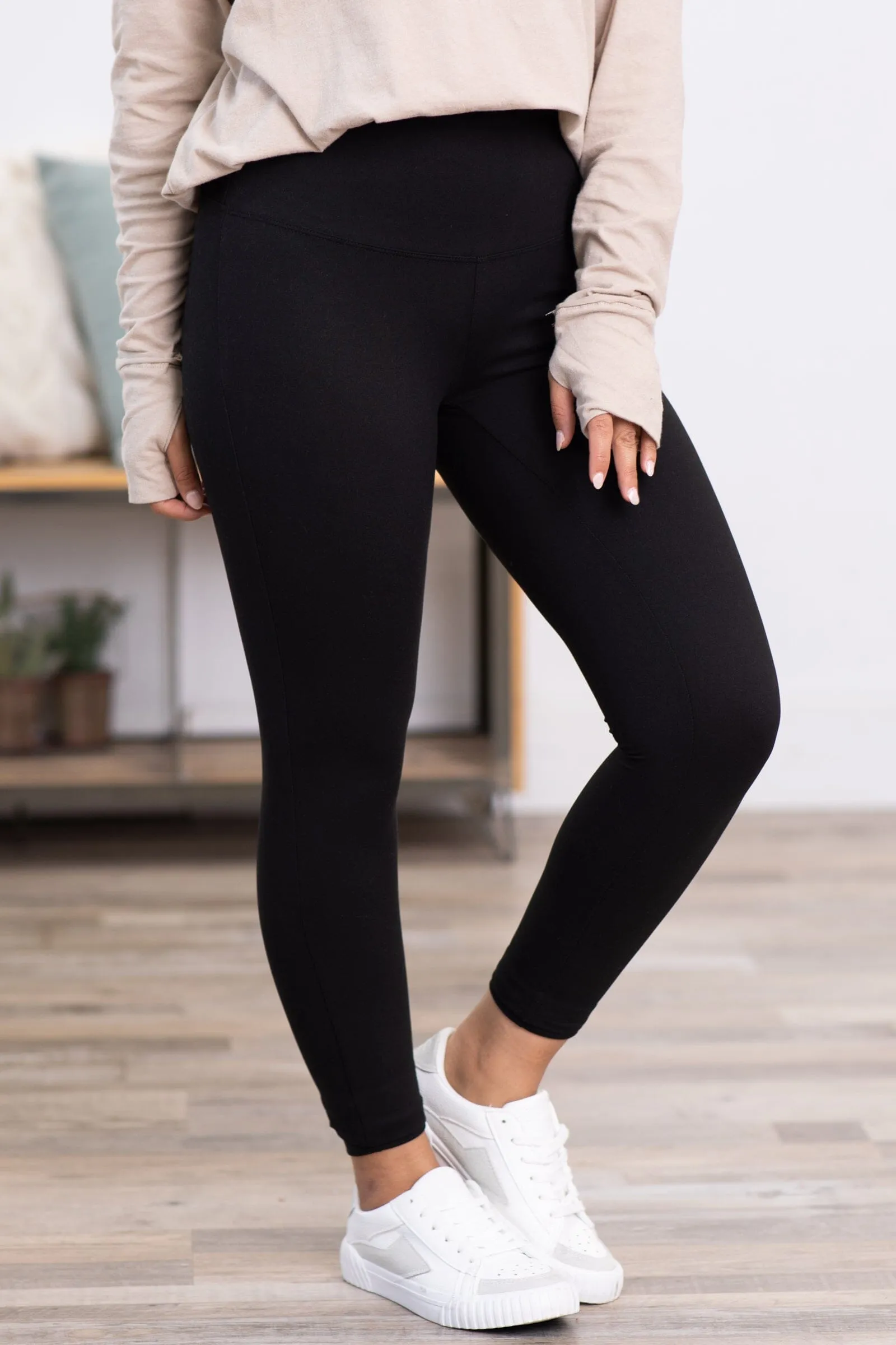 Black Brushed Wide Waistband Leggings