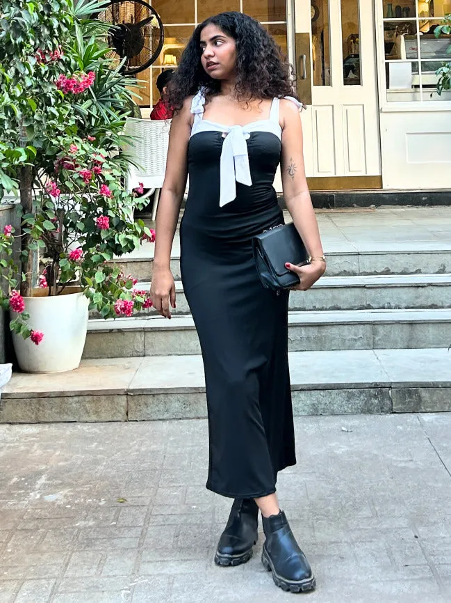 Black Fitted Maxi Dress With Contrast Tie Up Straps