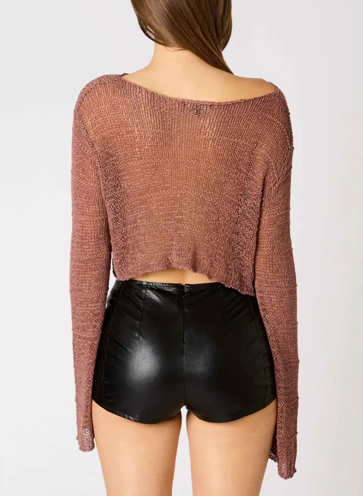 Boatneck Long Sleeve Knit Cropped Top