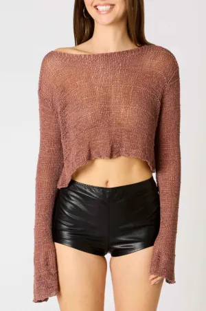 Boatneck Long Sleeve Knit Cropped Top