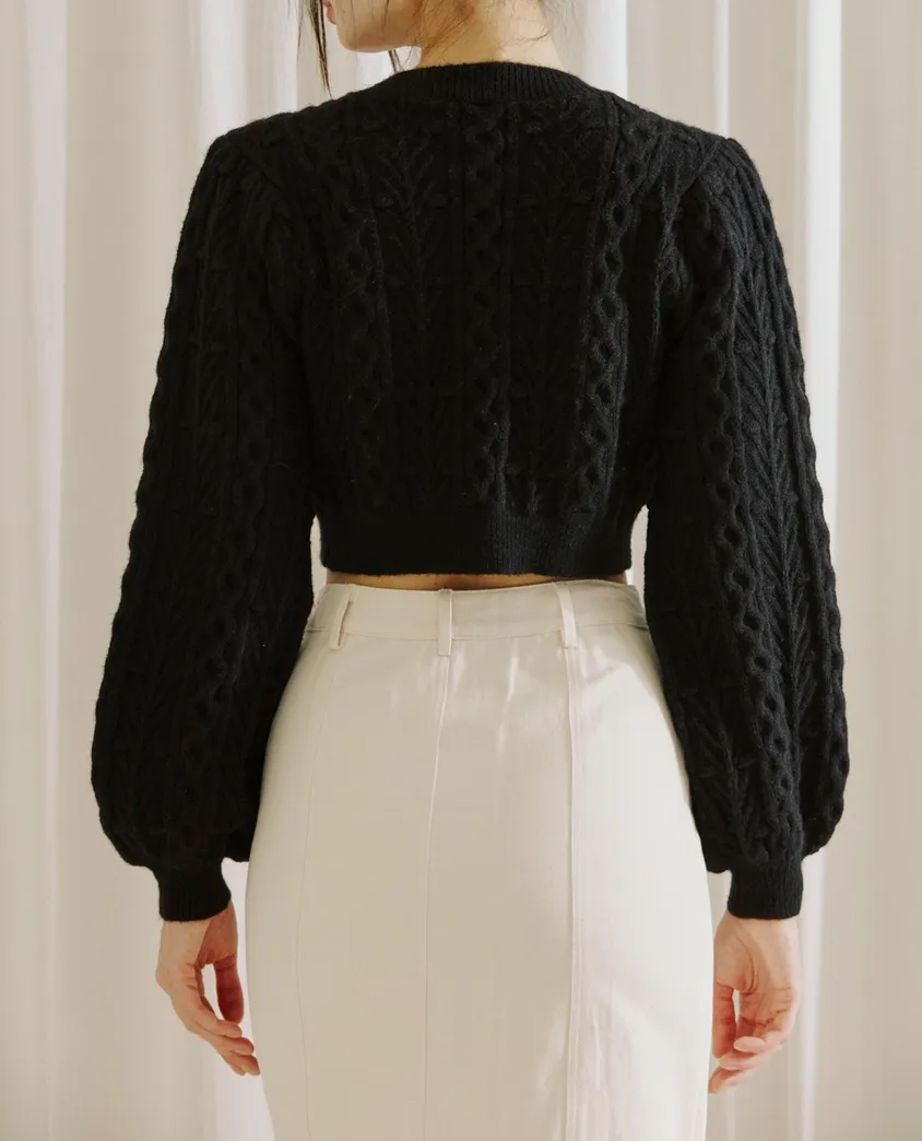 Cable Knit Balloon Sleeve Cardigan Sweater
