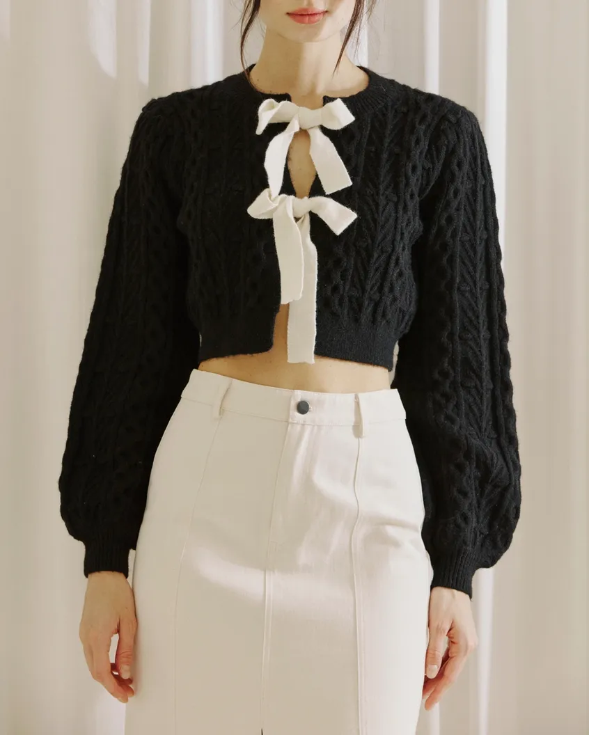 Cable Knit Balloon Sleeve Cardigan Sweater