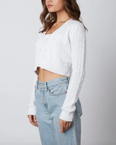 Cable Knit Long Sleeve V Neck Button Crop Sweater