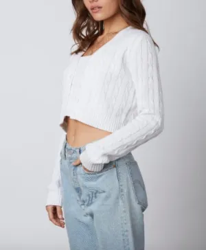 Cable Knit Long Sleeve V Neck Button Crop Sweater