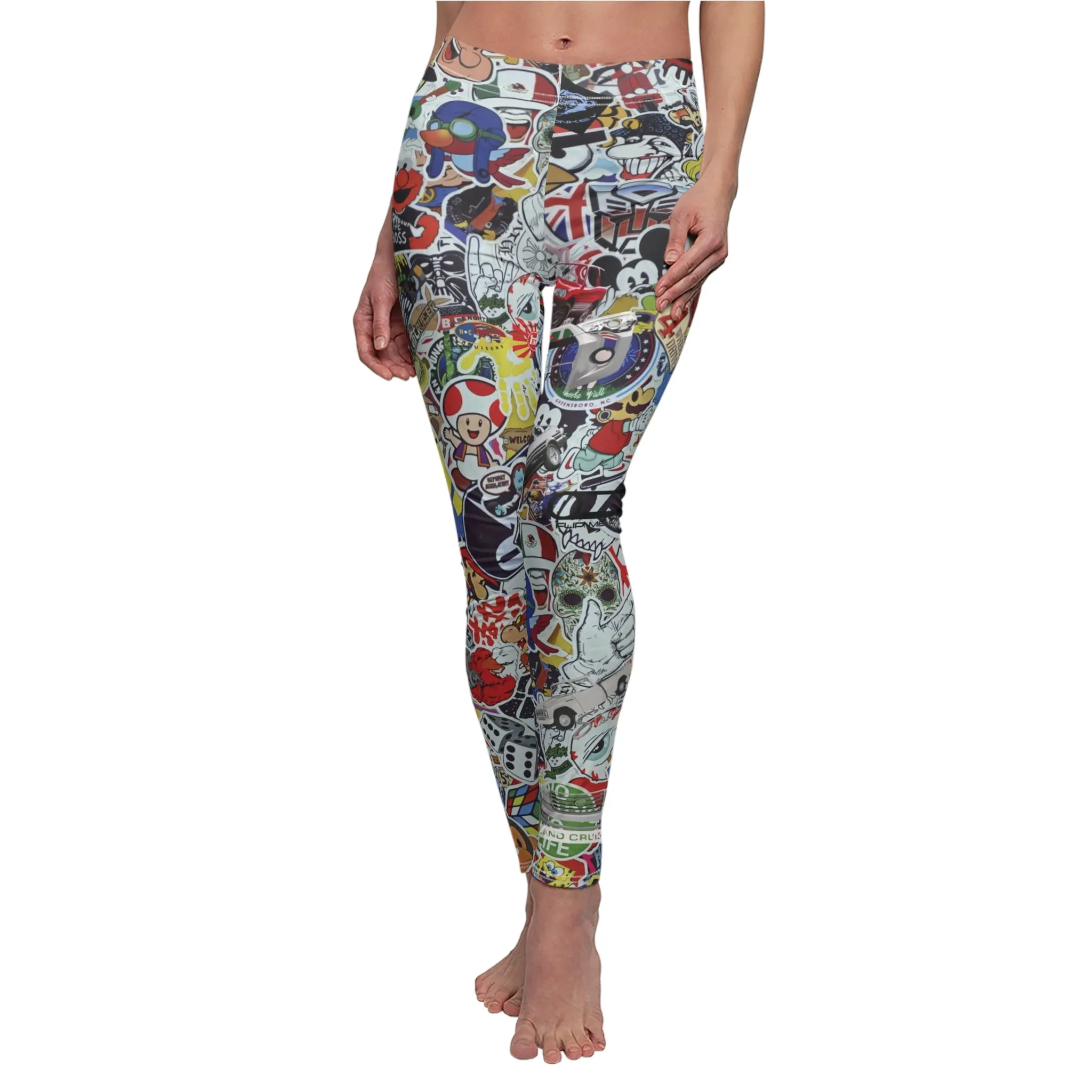 Cartoon Comic Stickerbomb Logo Womens Leggings Yoga Stretch Pants - Saiko Studio