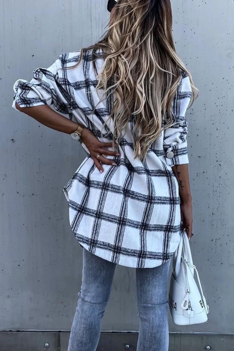 Casual Long Sleeve Plaid Shirt Mid-length Coat