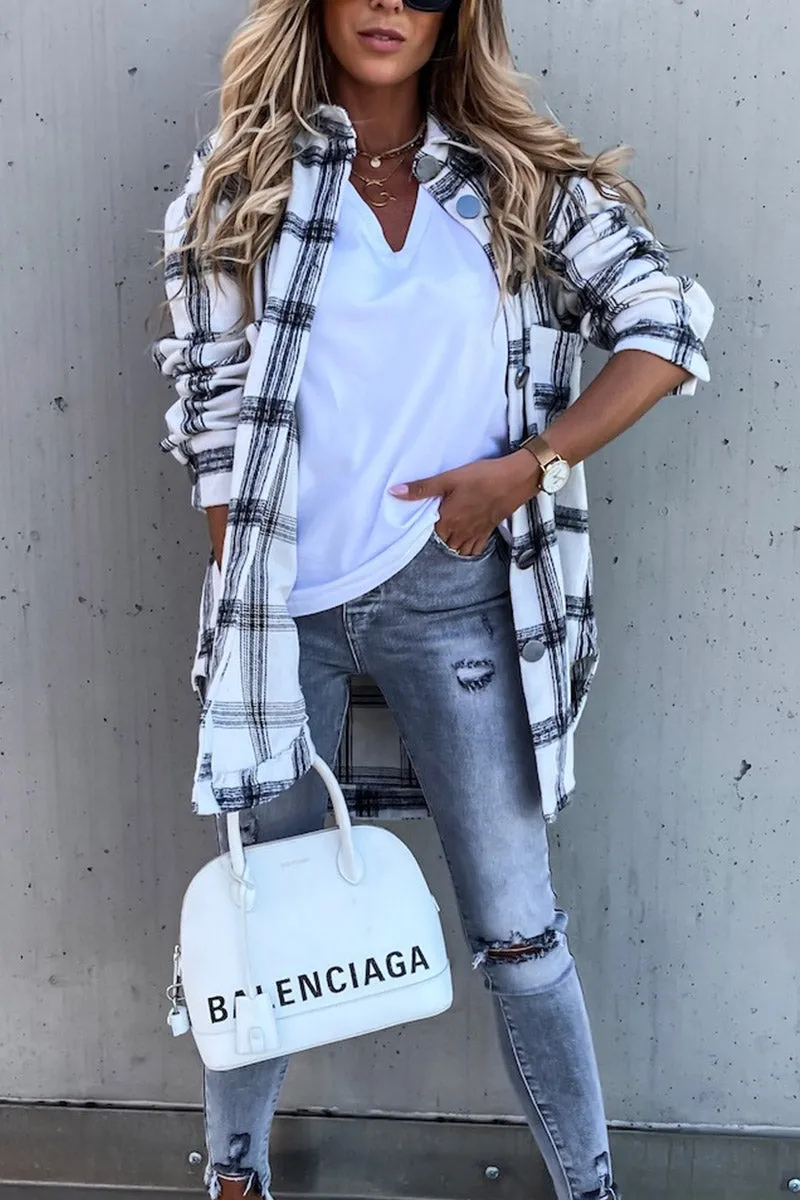 Casual Long Sleeve Plaid Shirt Mid-length Coat