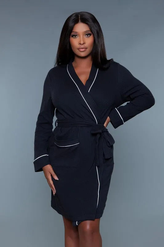 Color Block Waffle Robe – Plus Size Cotton Blend Wrap with Belt & Pockets