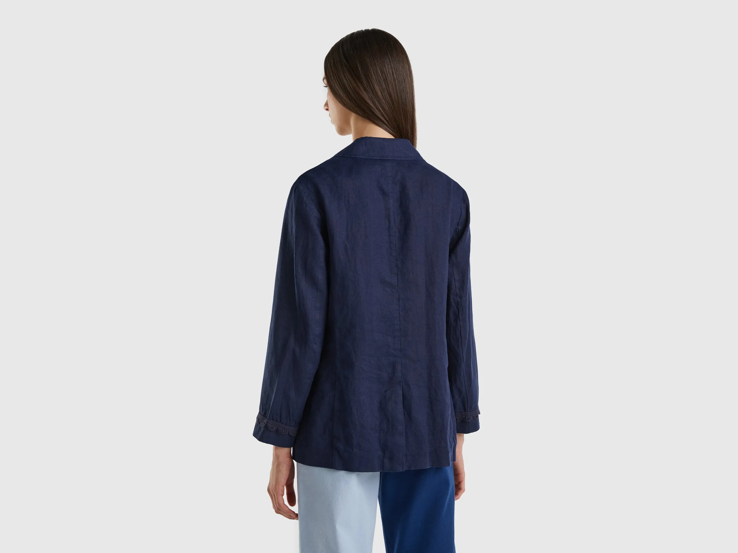 Comfortable Fit Lapel Neck Unlined Pure Linen Blue Jacket