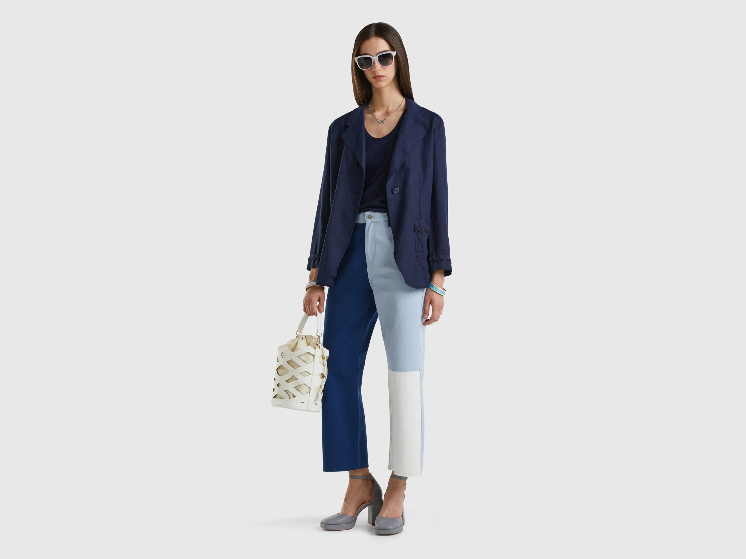 Comfortable Fit Lapel Neck Unlined Pure Linen Blue Jacket