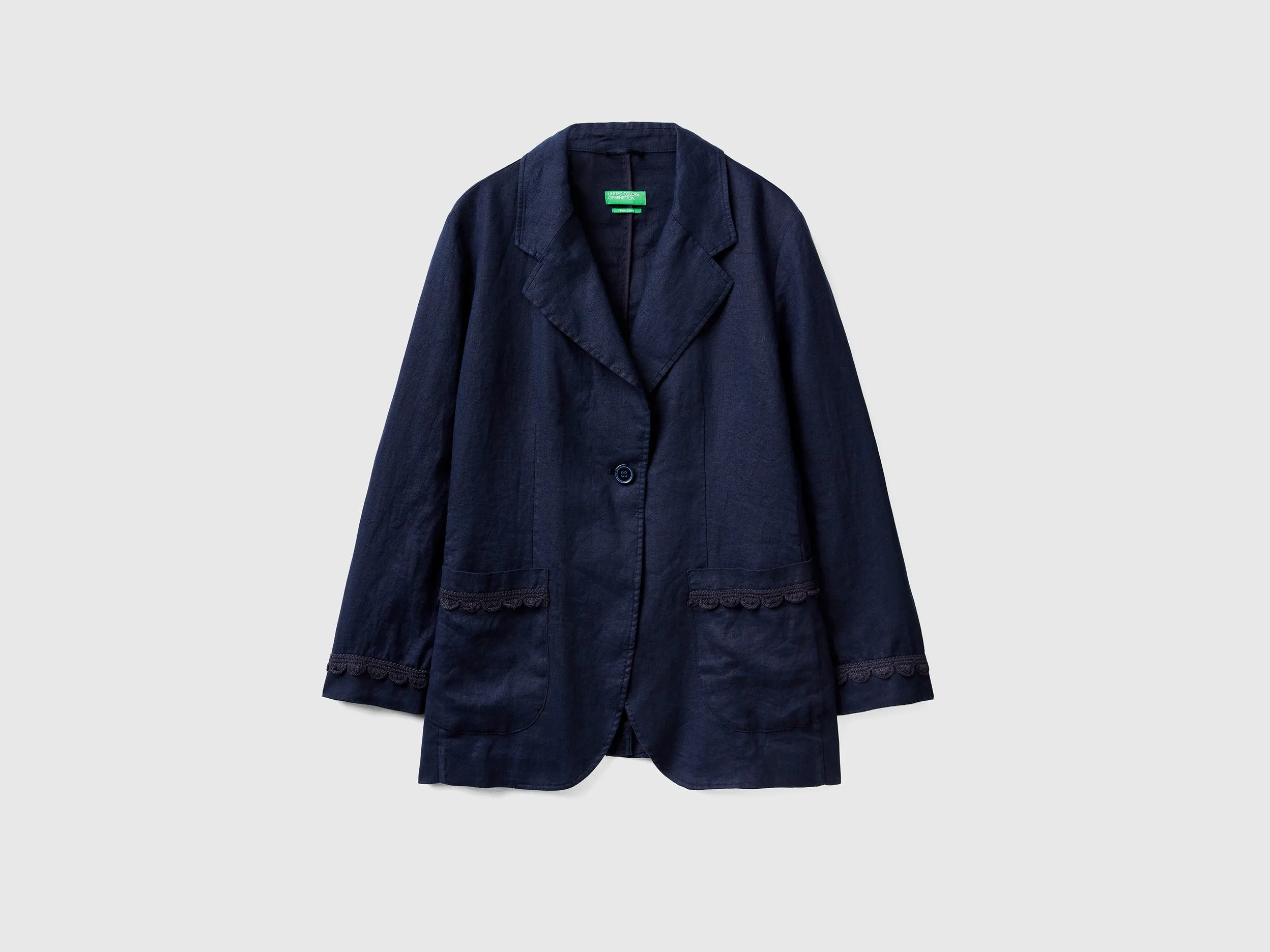 Comfortable Fit Lapel Neck Unlined Pure Linen Blue Jacket