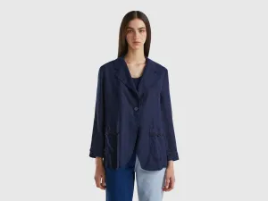 Comfortable Fit Lapel Neck Unlined Pure Linen Blue Jacket