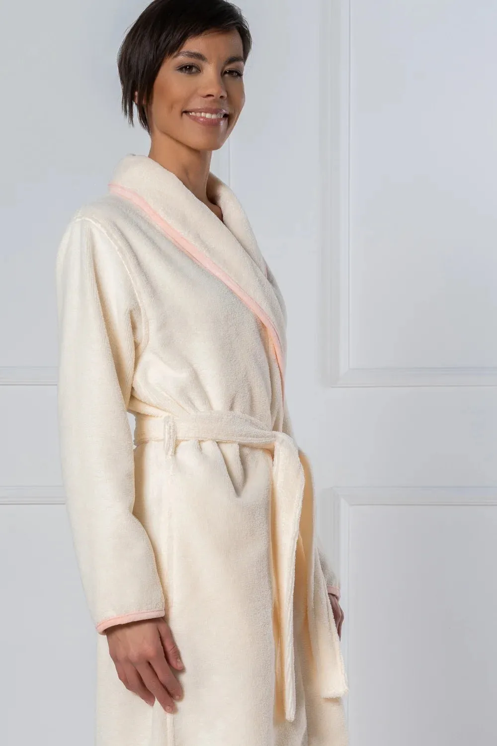 CottonSoft Cream Women’s Bathrobe with Peach Velour Binding