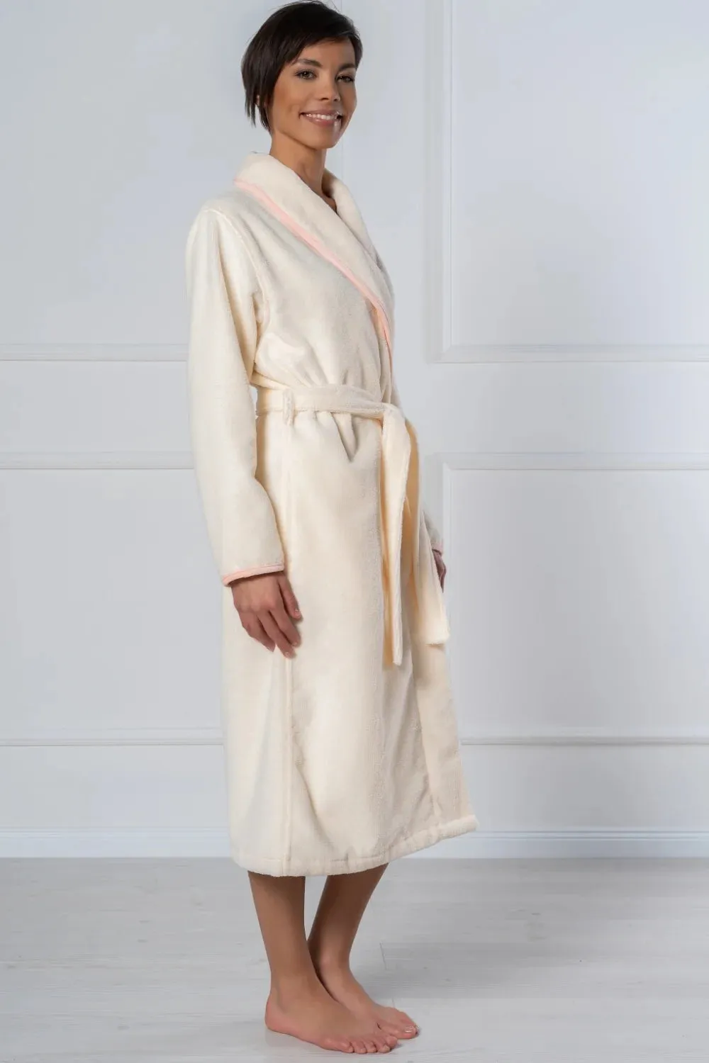 CottonSoft Cream Women’s Bathrobe with Peach Velour Binding