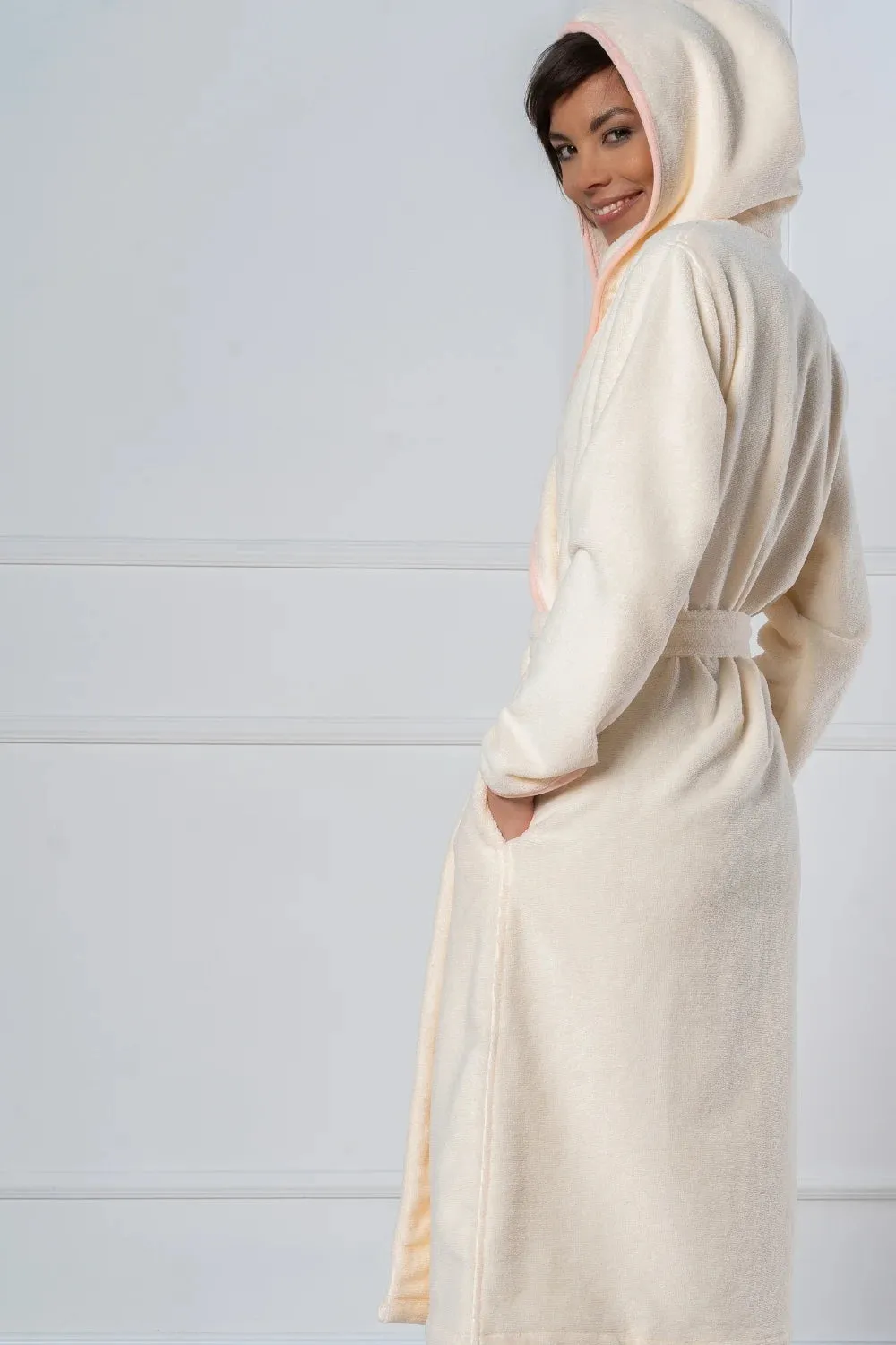 CottonSoft Women’s Hooded Bathrobe – Cream with Peach Velour Accents