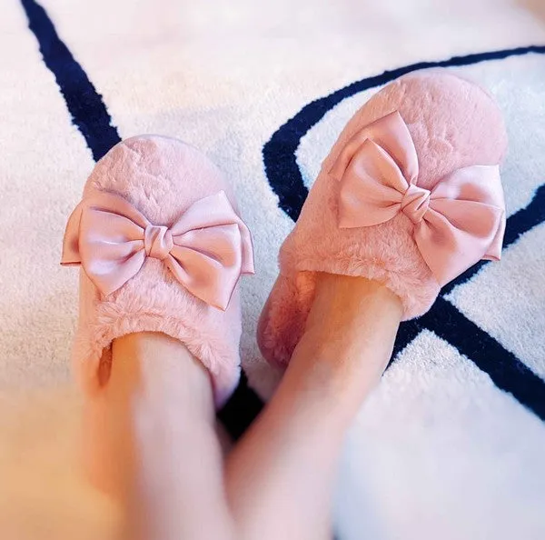 Cozy Bow Satin Slippers – Soft Fuzzy House Slides for Women