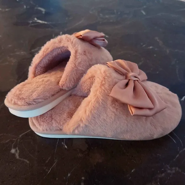 Cozy Bow Satin Slippers – Soft Fuzzy House Slides for Women