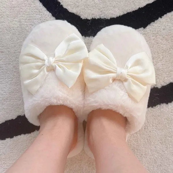 Cozy Bow Satin Slippers – Soft Fuzzy House Slides for Women