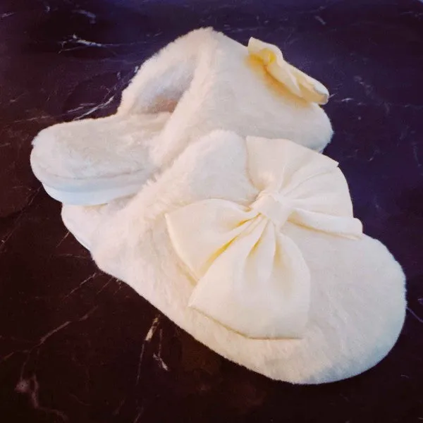 Cozy Bow Satin Slippers – Soft Fuzzy House Slides for Women