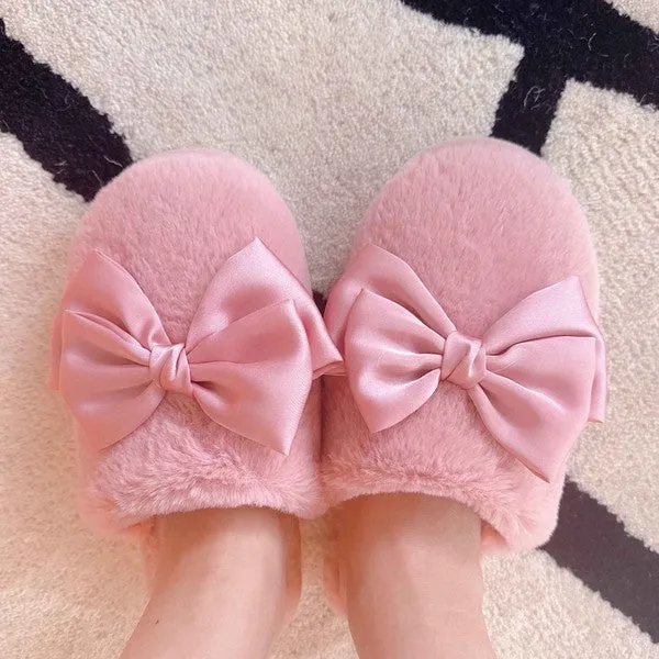 Cozy Bow Satin Slippers – Soft Fuzzy House Slides for Women
