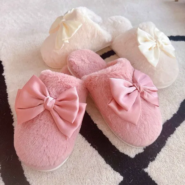 Cozy Bow Satin Slippers – Soft Fuzzy House Slides for Women