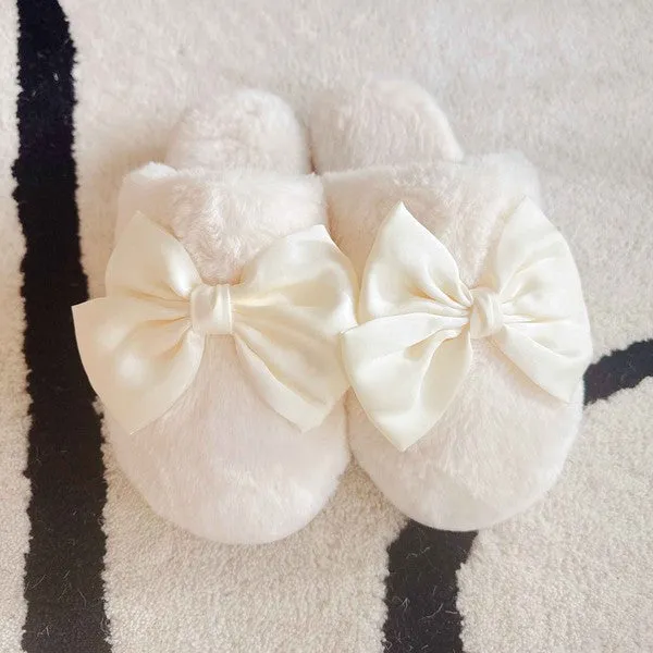 Cozy Bow Satin Slippers – Soft Fuzzy House Slides for Women