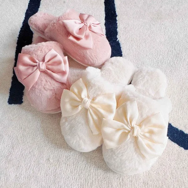 Cozy Bow Satin Slippers – Soft Fuzzy House Slides for Women