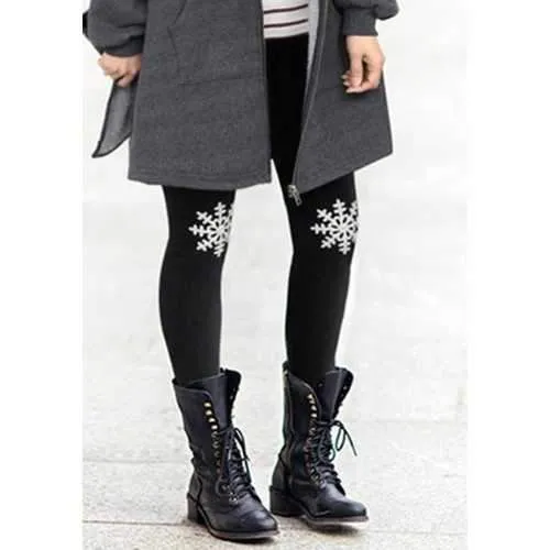 Cute Elastic Waist Snowflake Pattern Leggings For Women - Black Xl