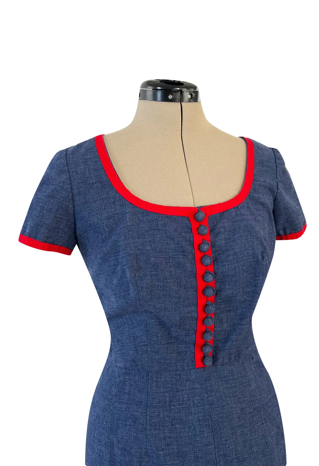 Cutest 1970s Oscar De La Renta Denim Look Cotton Playsuit w Red Braid Trim