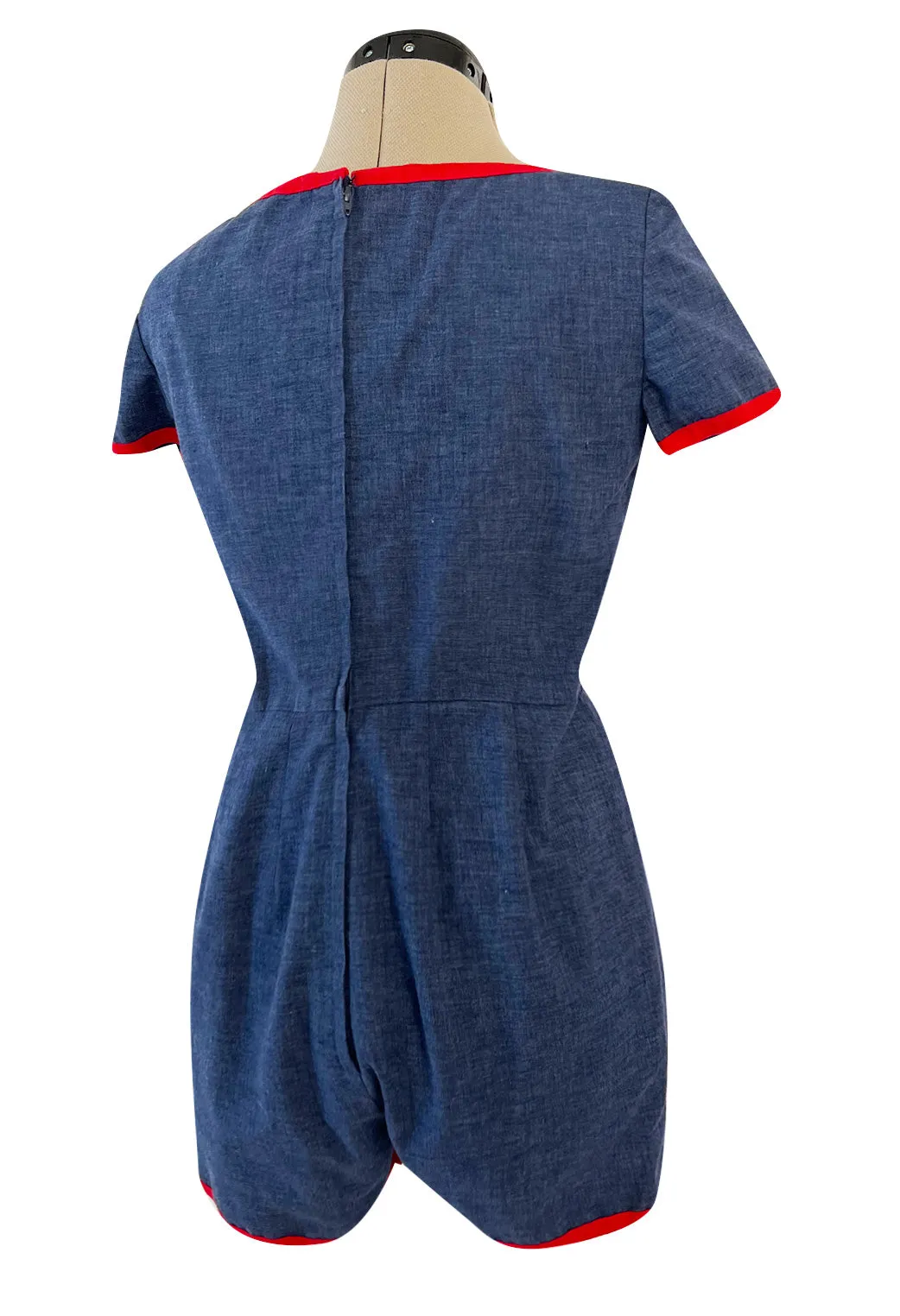 Cutest 1970s Oscar De La Renta Denim Look Cotton Playsuit w Red Braid Trim
