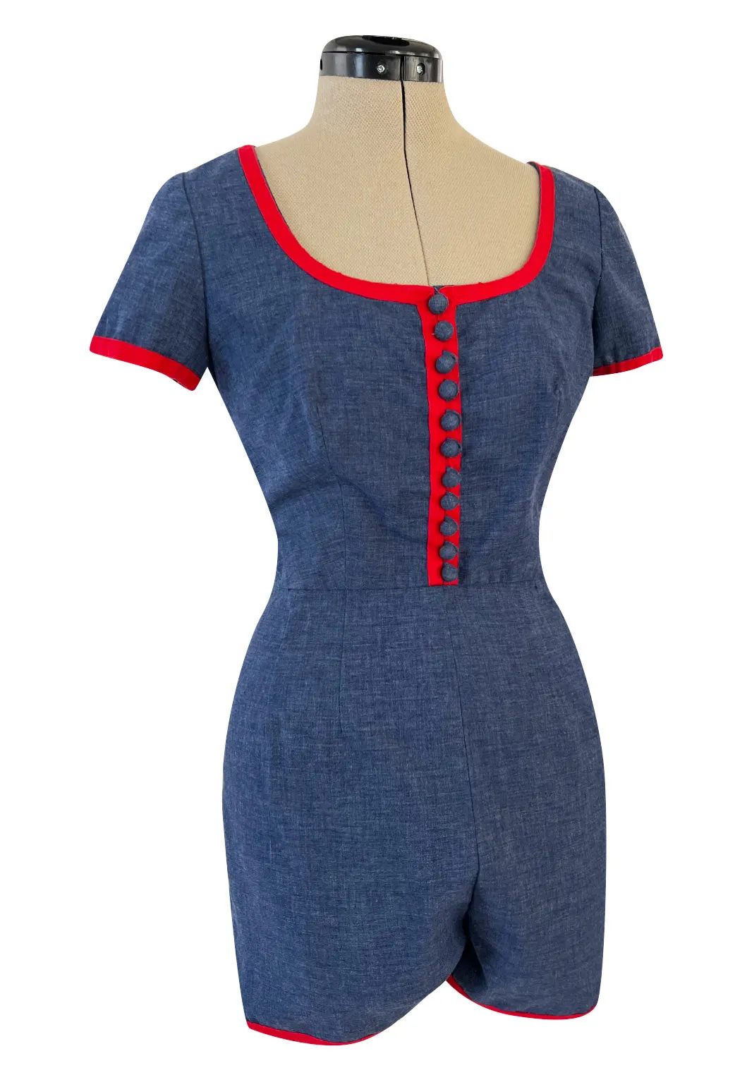 Cutest 1970s Oscar De La Renta Denim Look Cotton Playsuit w Red Braid Trim