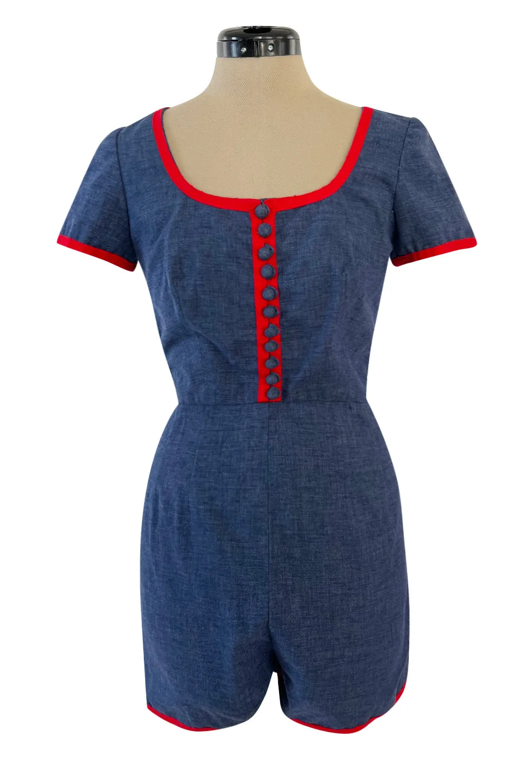 Cutest 1970s Oscar De La Renta Denim Look Cotton Playsuit w Red Braid Trim