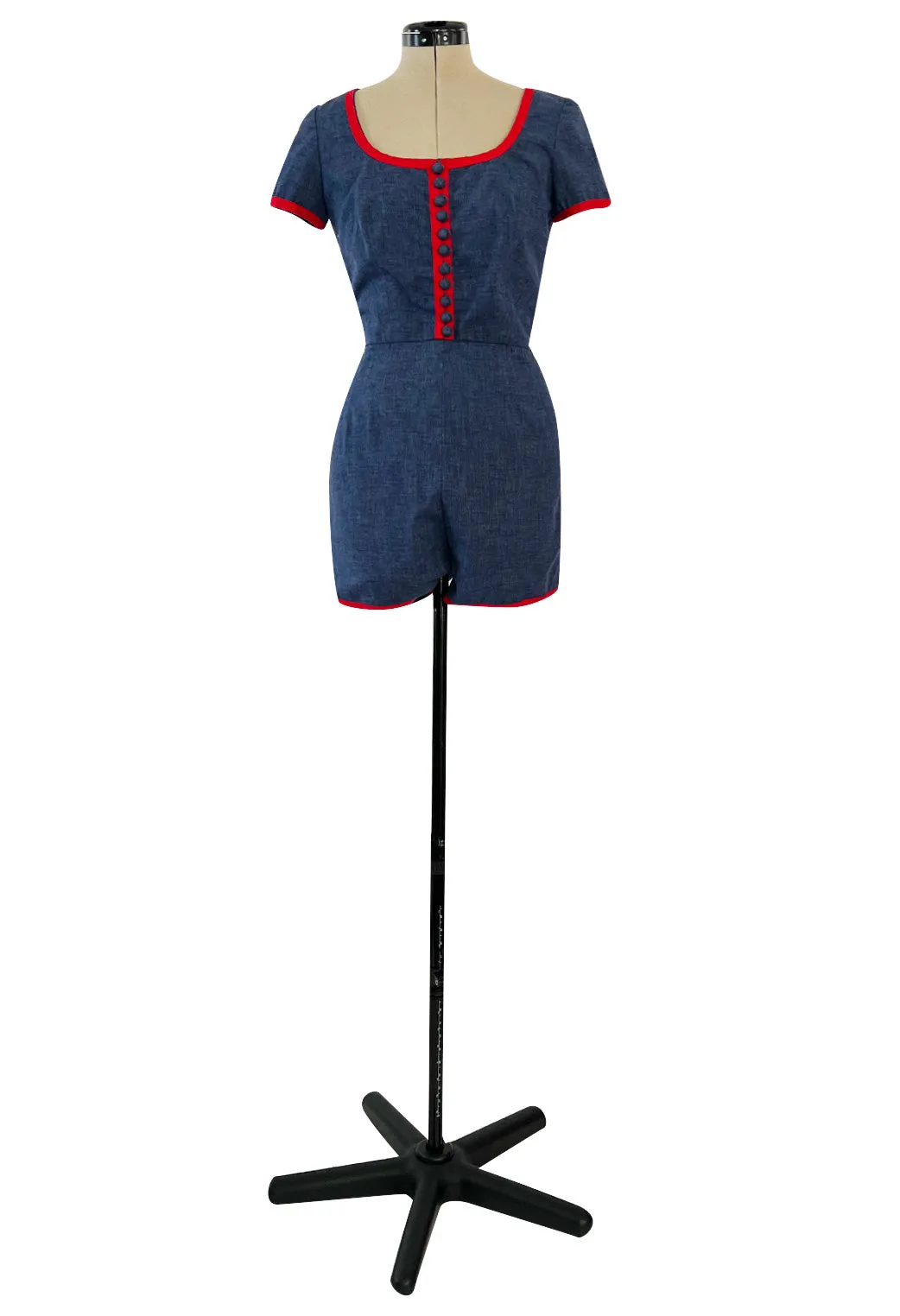 Cutest 1970s Oscar De La Renta Denim Look Cotton Playsuit w Red Braid Trim