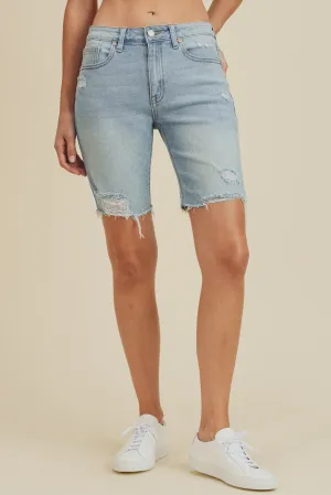 Denim Distressed High Rise Biker Short
