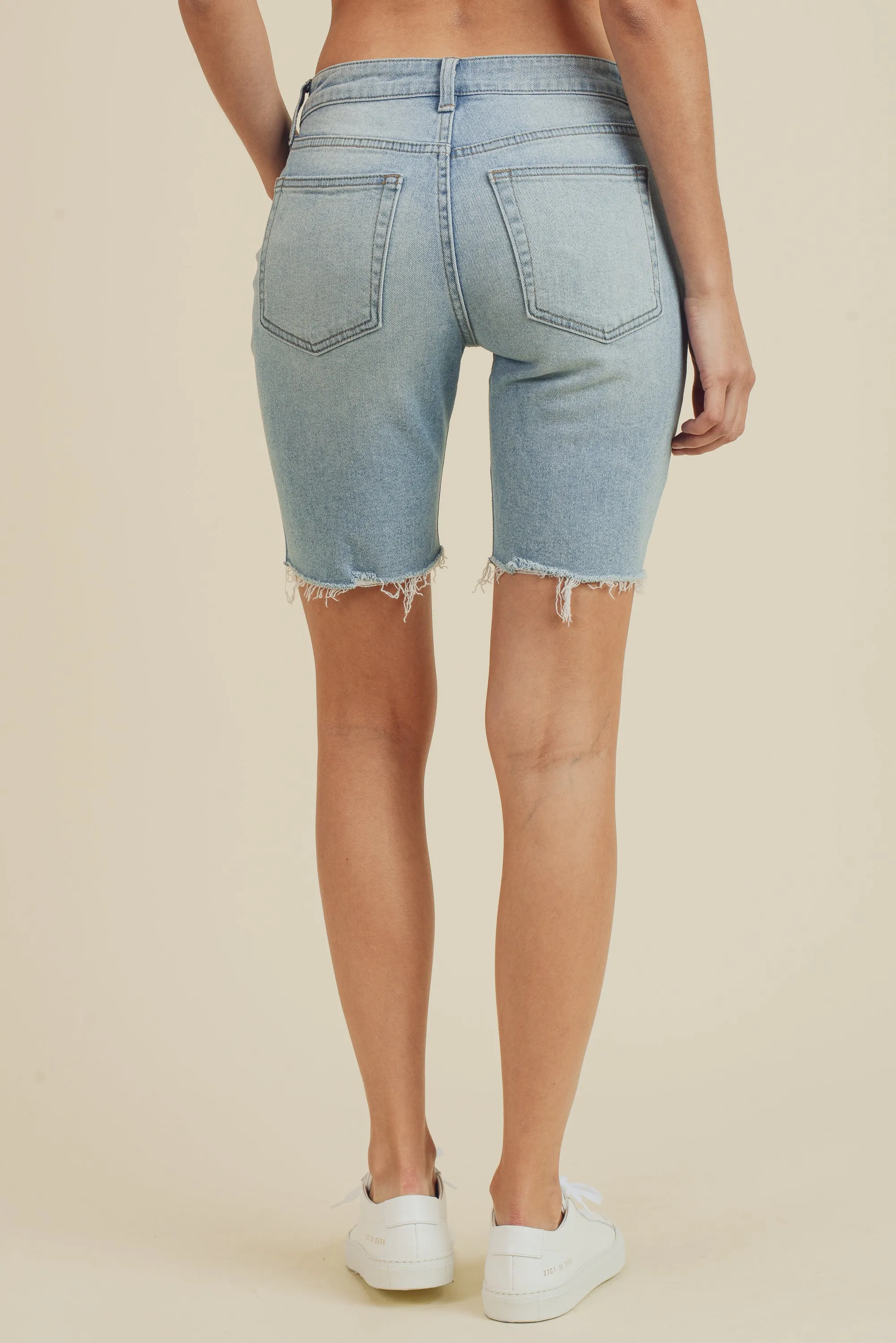 Denim Distressed High Rise Biker Short