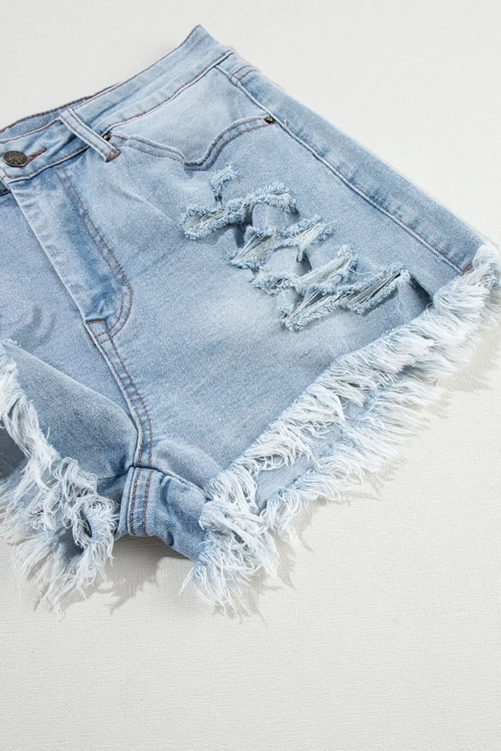 Distressed Raw Hem High Waist Denim Shorts Size 4-12