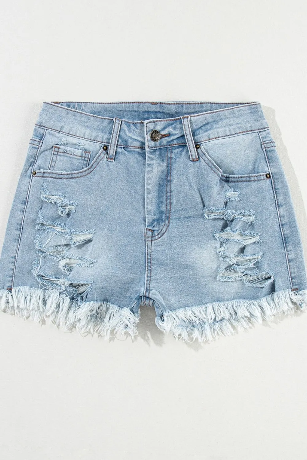 Distressed Raw Hem High Waist Denim Shorts Size 4-12