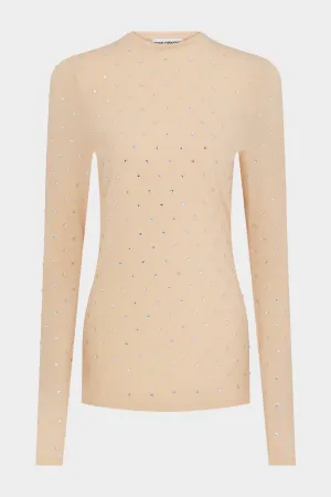 Embellished Jersey Long Sleeve Top in Nude