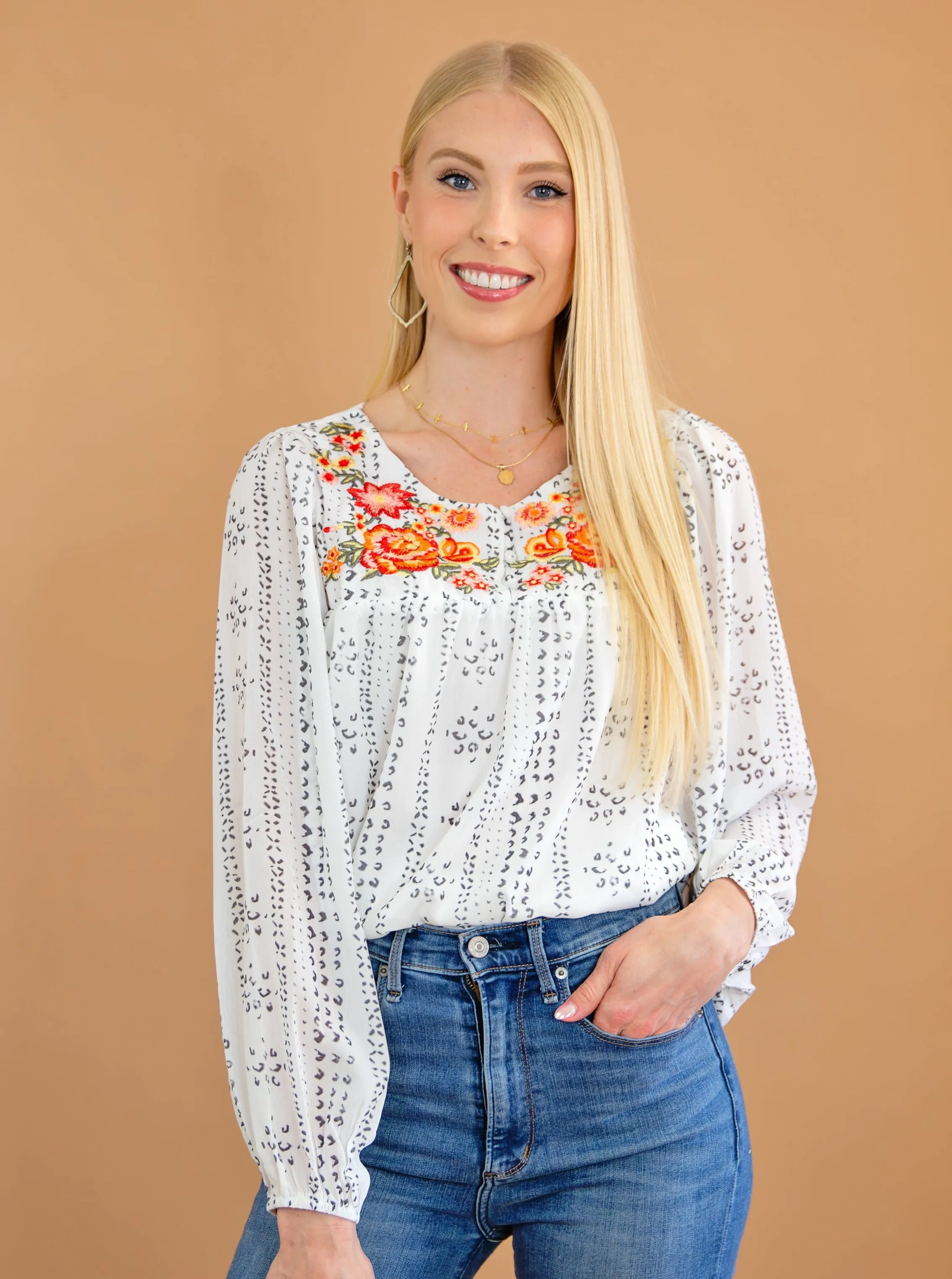 Embroidered Balloon Sleeve Blouse